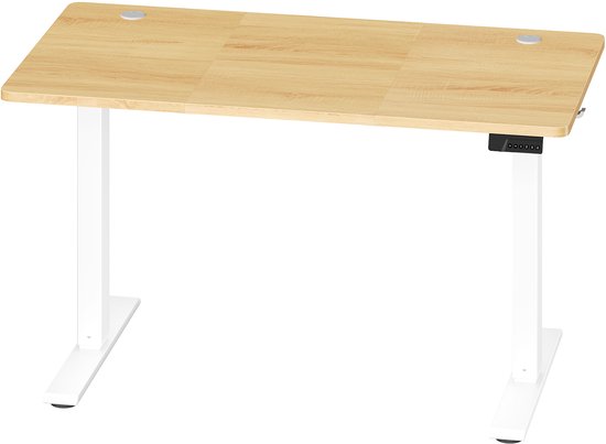 Bureau assis-debout en bois avec pieds blancs, isolé sur fond blanc.