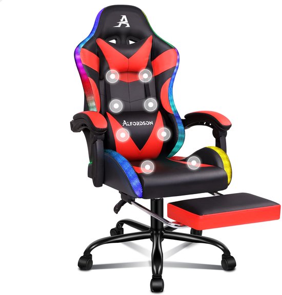 ALFORDSON Vogler - Gaming stoel ergonomisch racing bureau stoel - Verstelbare kanteling & hoogte - Met gevoerde voetensteun - USB massage functie - Draagkracht tot 180 kg