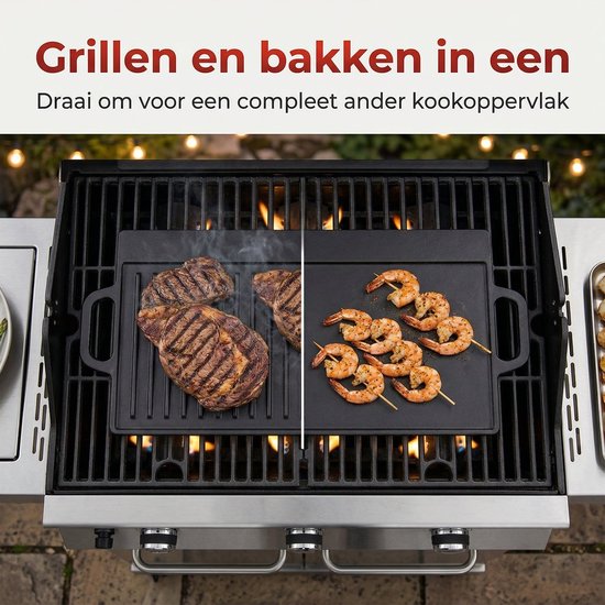 Cheqo® BBQ Grillplaat Gietijzer Dubbelzijdig - Bakplaat - Plancha - Braadplaat - Grillrooster - BBQ Plaat - Geribbeld en Glad - voor Barbecue en Kampvuur - Open Vuur — afbeelding 5