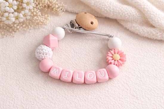 Speenkoord met naam | gepersonaliseerd | bloem roze | baby | kraamcadeau |