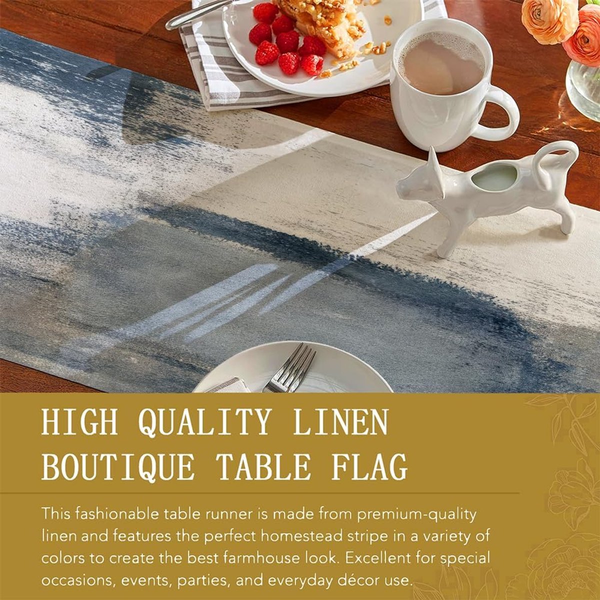 Tafelloper Bloemen - Tafeldecoratie Loper - Buiten Eten - Wasbaar Polyester - 33x183 cm - Blauw