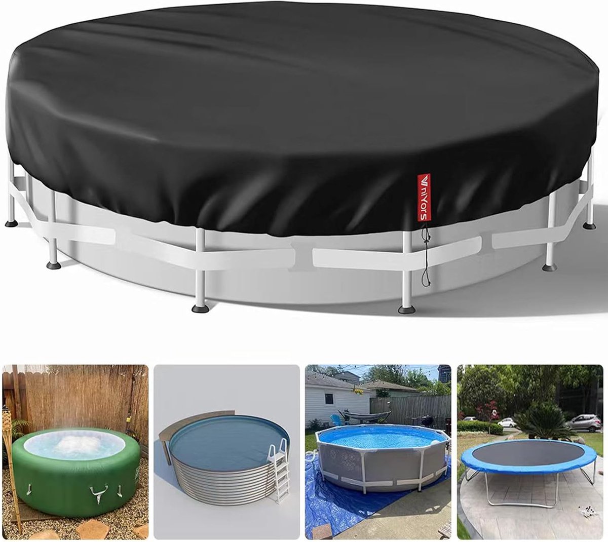 Zwembadafdekking op zonne-energie voor bovengronds zwembad - voorraadtankzwembad - bubbelbad - zwart - waterdicht - stofdicht - ronde - zwembadafdekking met trekkoord - kabelriemen - grondnagels Nopenfolie Zwembad