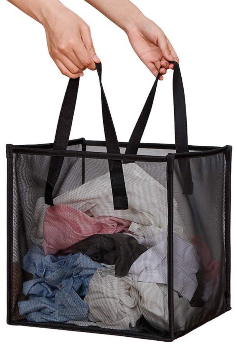 Opvouwbare Wasmand - Ademende Mesh Stof - Inklapbaar Lichtgewicht Waszak - Voor Badkamer, Slaapkamer, Studentenhuis - 33x33 cm - Zwart