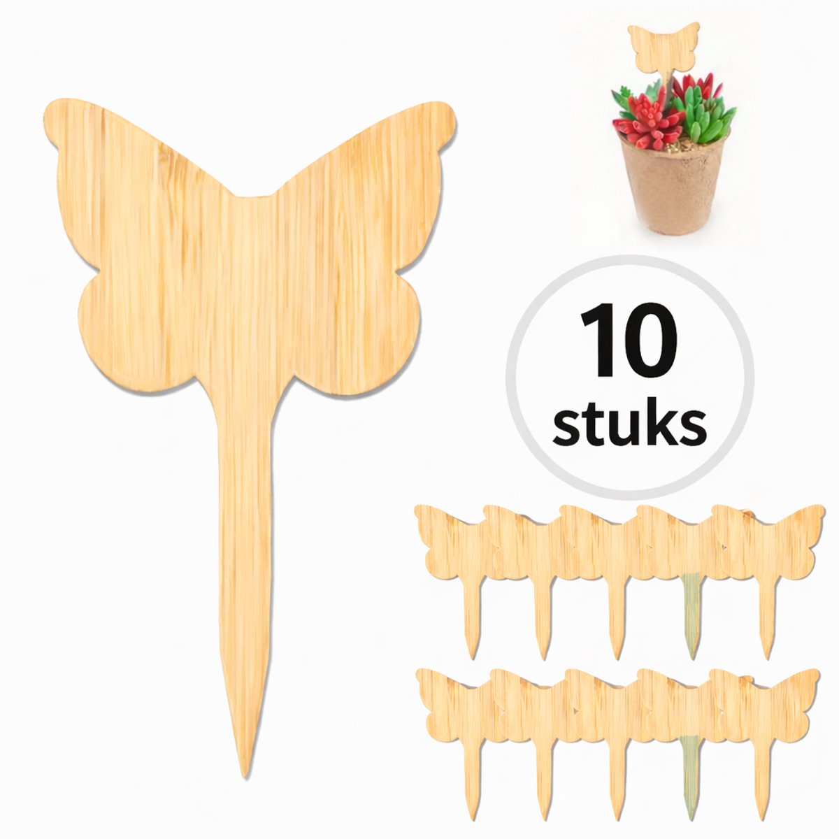 10x Houten Plantlabels Vlinder – 5,5 x 10 cm – 2D Platte Tuinbordjes – Plant Markers voor Buiten – Steeklabels voor Planten, Zaailingen, Kruiden en Bloembedden