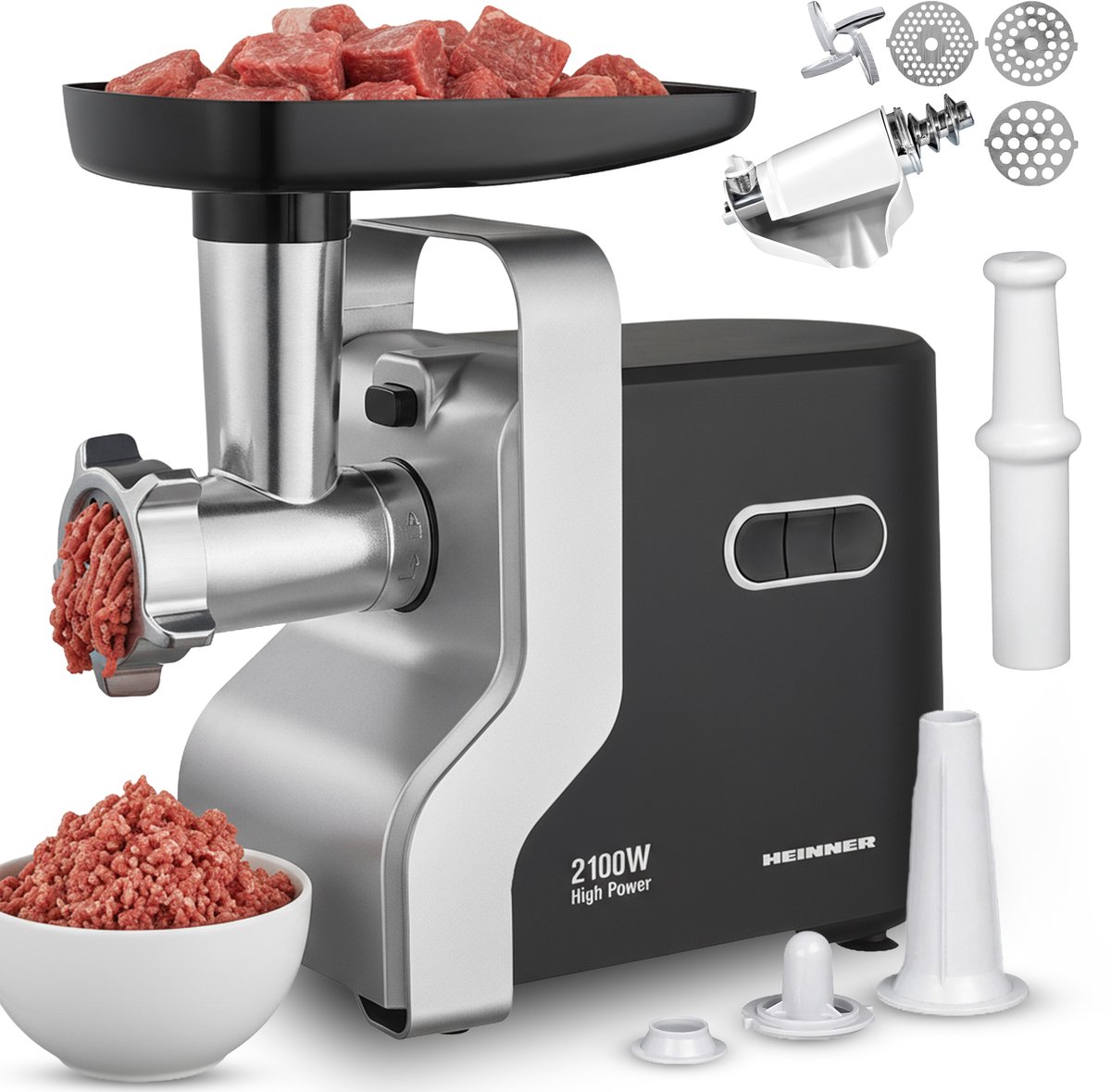 Heinner Elektrische Vleesmolen – Gehaktmolen met RVS mes – 2 snelheden + Reverse-functie – 2100 W – 1,8 kg/min – Inclusief Worst, Kibbe en Tomatenaccessoire – Zwart/Zilver