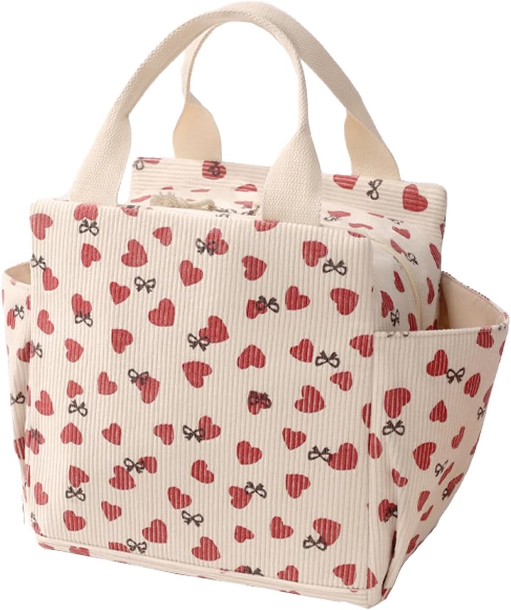 Geïsoleerde lunchtas voor dames, geïsoleerde lunchtas, lekvrije herbruikbare koeltas van 12 liter, grote corduroy lunchtas, geschikt voor werk, picknicks en reizen (beige hartjespatroon).