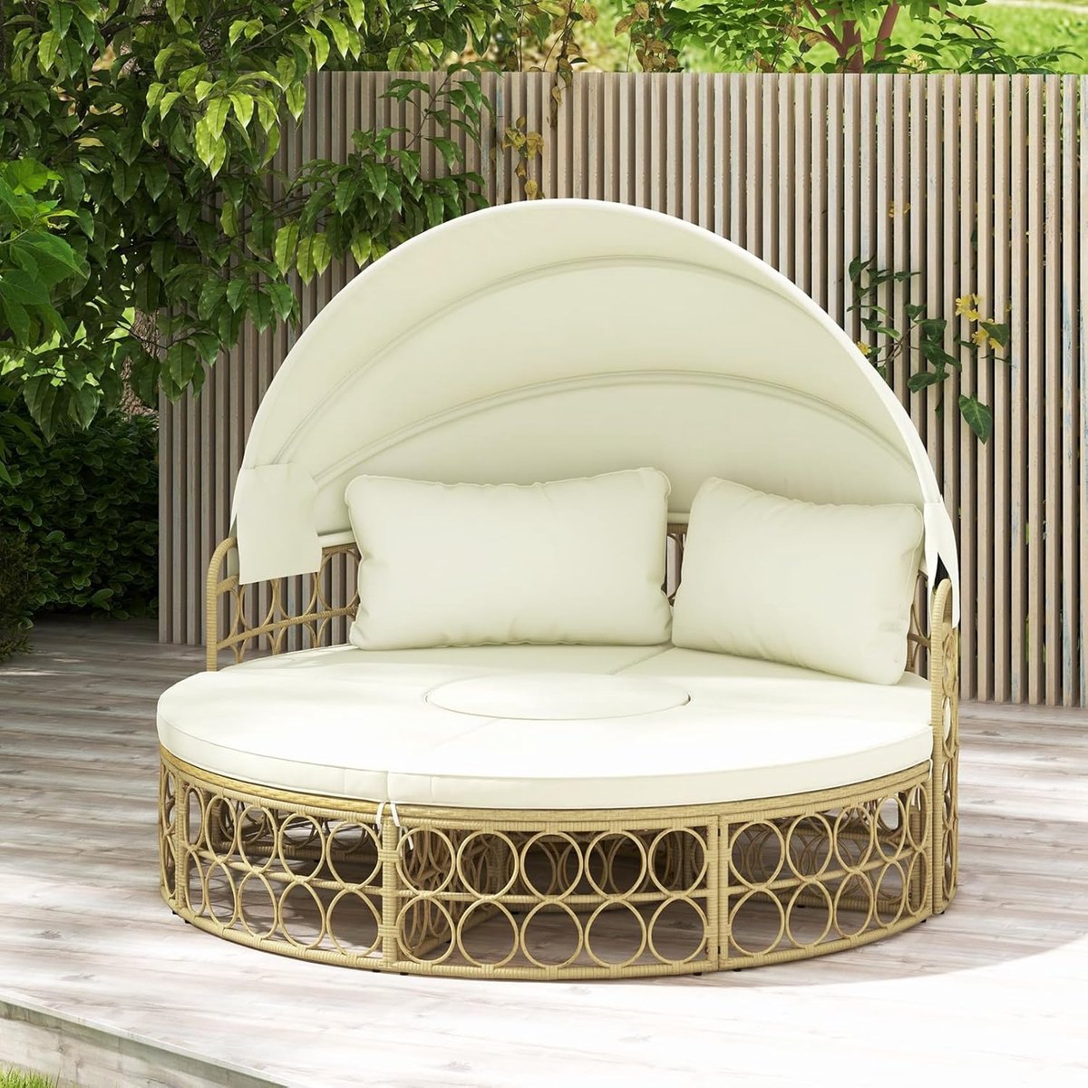 Luxe Ronde 5-delige Modulaire Rattan Lounge- & Slaapbank met Uitschuifbaar Zonnescherm – 180 x 180 x 150 cm – Tuin, Veranda & Zwembad Loungeset