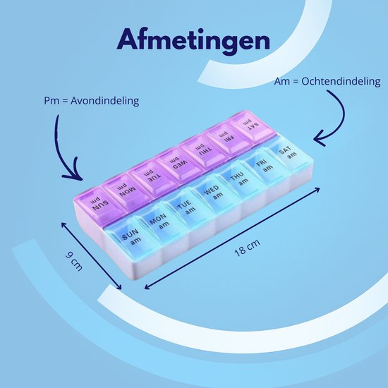 Een medicijndoos van 18x9 cm met 14 vakken voor ochtend en avond, in pastelkleuren blauw en paars.