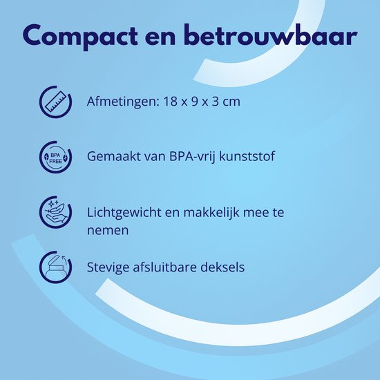 Compacte en betrouwbare pillendoos van 18x9x3 cm, gemaakt van BPA-vrij kunststof, lichtgewicht en met stevige deksels.