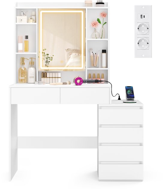 Witte kaptafel met spiegel met LED-verlichting, diverse vakken en een uitstek aan de zijkant met stopcontacten.