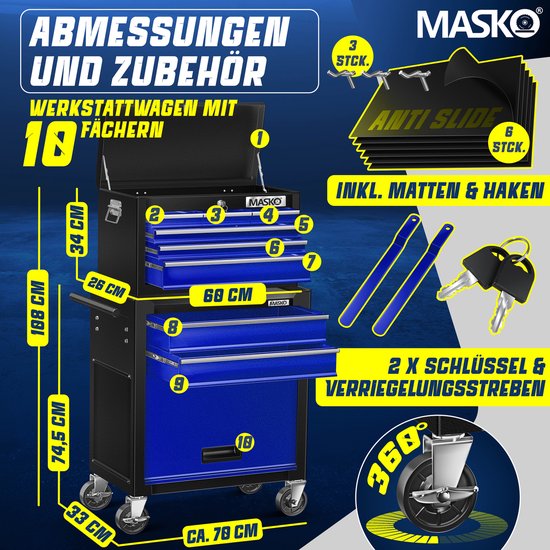 Zwarte gereedschapswagen met blauwe laden, afmetingen en accessoires. 18 vakken, wielen, sleutels, haken en matten.