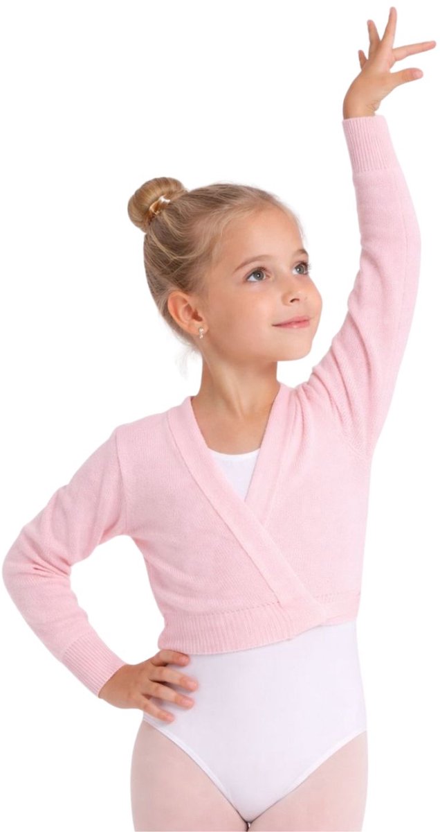 Dancer Dancewear® Balletvestje | Cross-over model | “Milano” | Zacht acryl | Roze | Met 7/8 mouwtjes | Maat 134/140 | 9/10 jaar