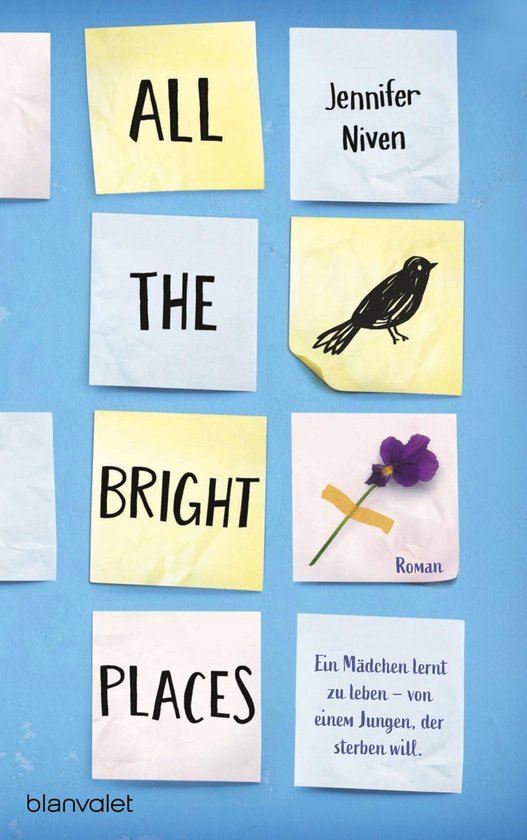 Boekomslag met post-its: "ALL THE BRIGHT PLACES". Een post-it met een vogel en een paars bloempje.