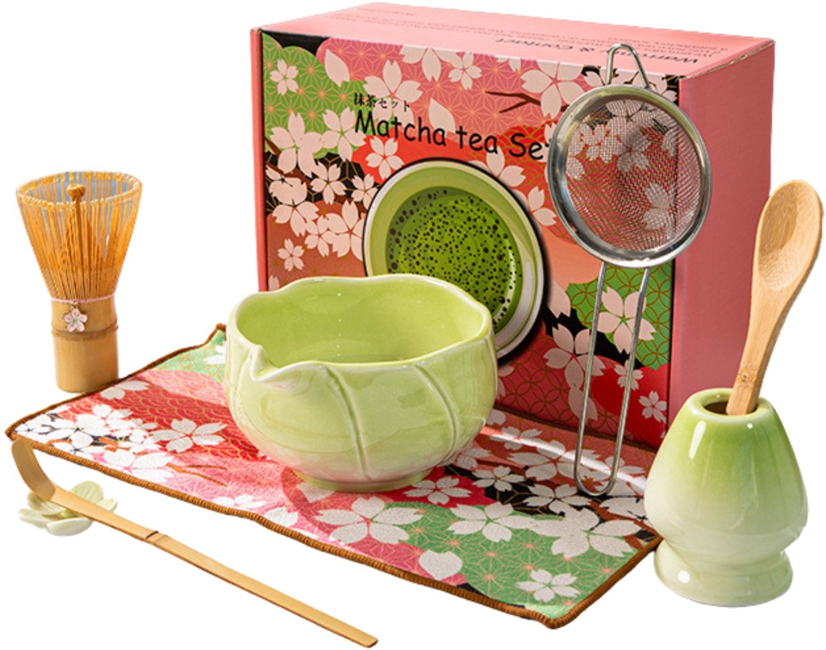 COZELLA® Matcha Set 8-Delig – Matcha Klopper - Keramieke Kom - Cadeau Set - Appel Groen