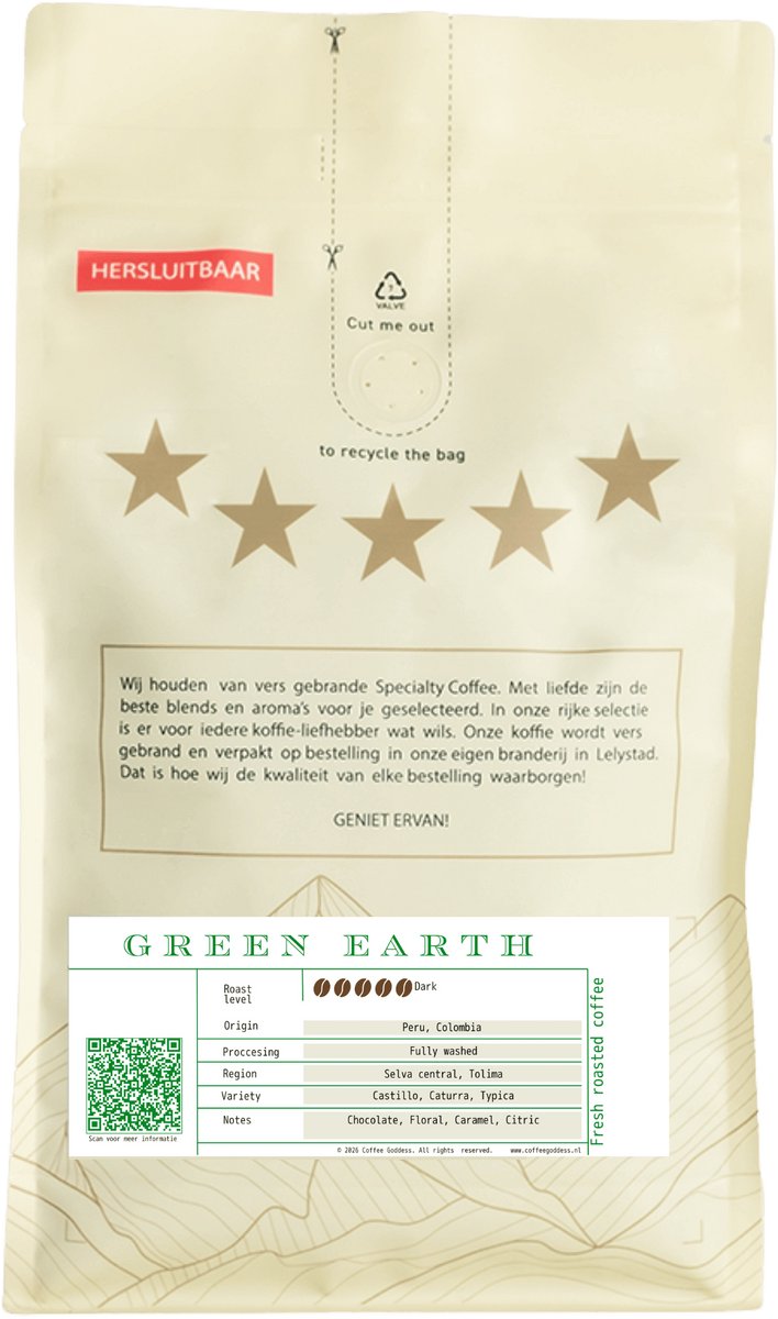 Coffee Goddess Green Earth Koffiebonen – 100% Arabica Blend, Dark Roast, 1 kg – Chocolade & Karamel – Espresso & Filter