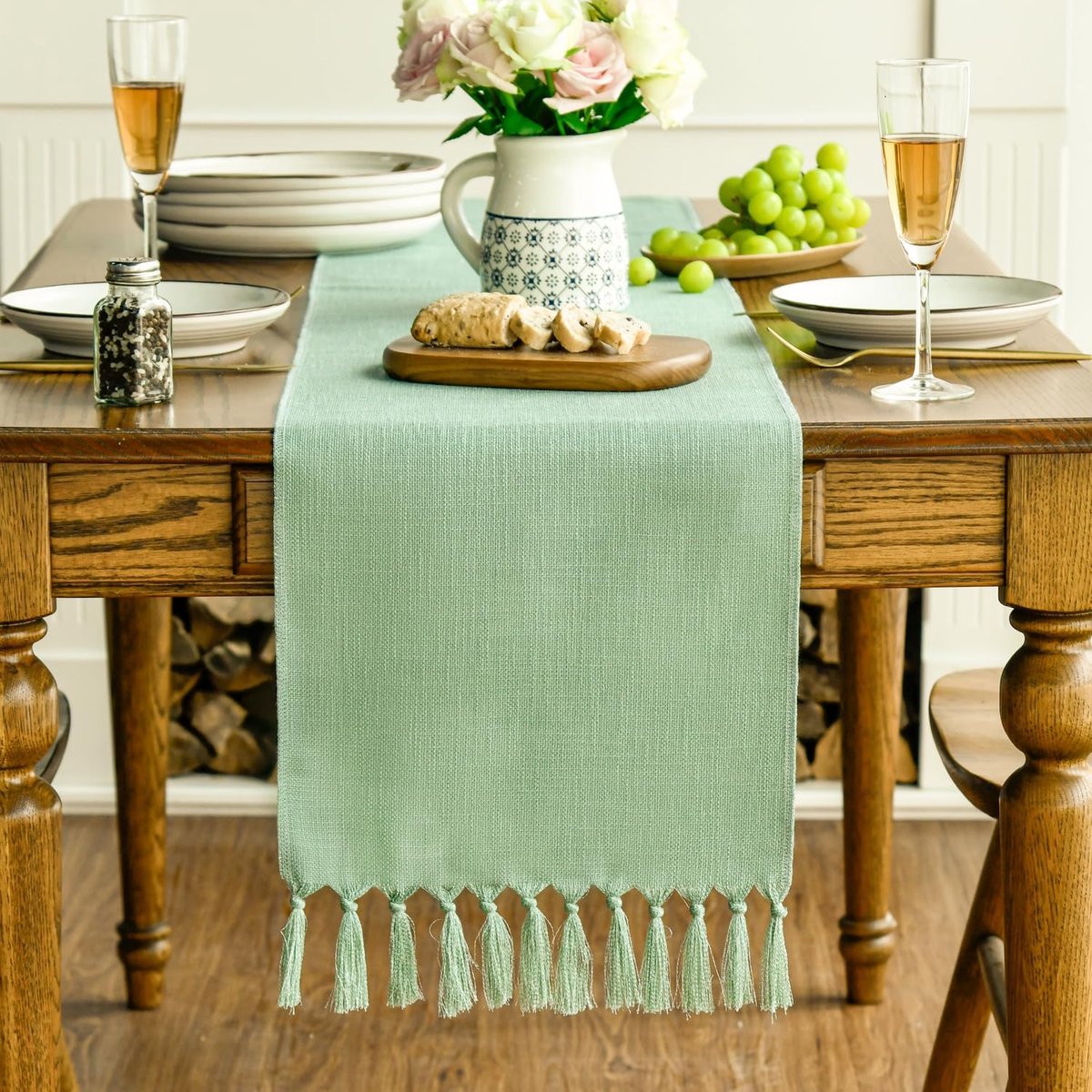 Tafelloper - Boerderij Decoratie - Eettafel Aankleden - Rustieke Stijl - 33x143 cm - Saliegroen