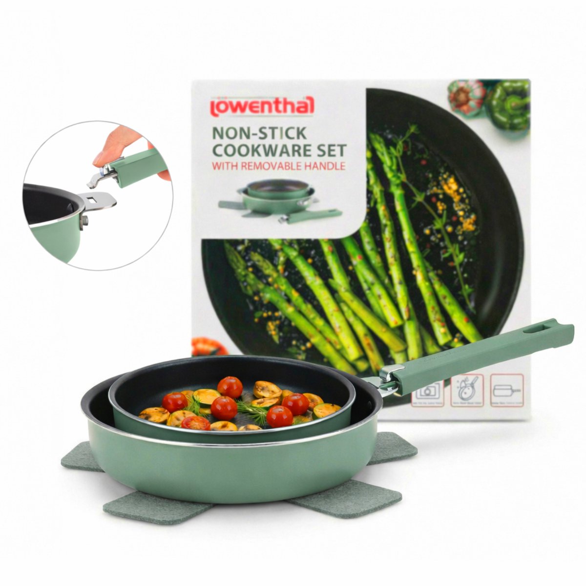 Koekenpannenset met Afneembare Handgreep - 3 Delig Ø20 & 24 cm - Anti Aanbaklaag - Aluminium Kookpannenset - PFAS vrije Pannenset - Inductie, Gas, Keramisch & Elektrisch - Stapelbare Bakpannenset - Non Stick Laag - Frying Pan - Löwenthal - Groen