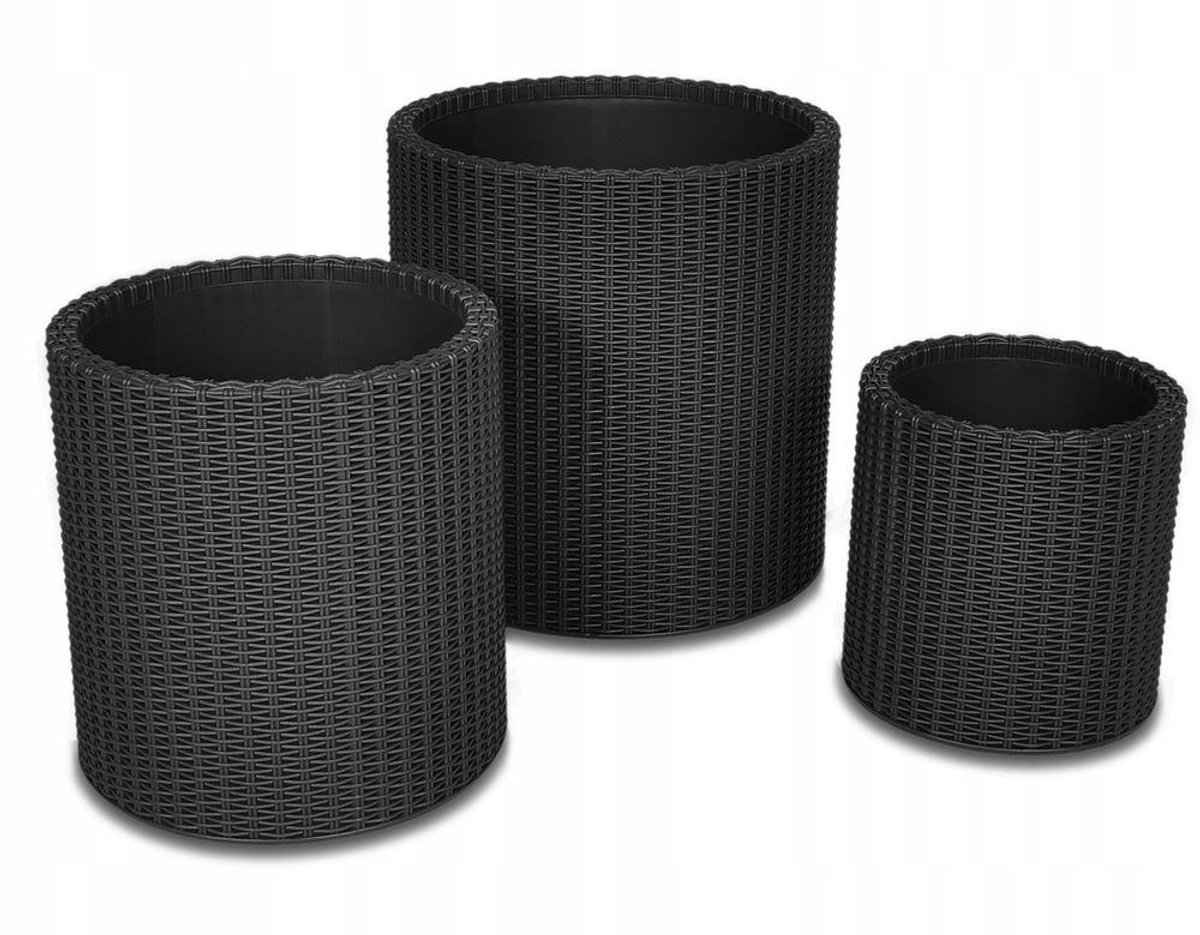 Keter Cylinder Planter - Set van 3 Bloempotten - Antraciet - Rattan-look - S+M+L