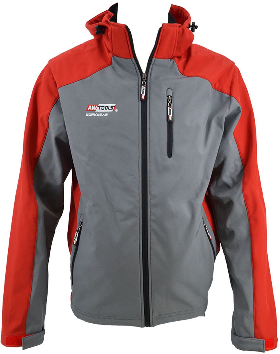 AWTools Professionele Softshell Werkjas - Maat M - Winddicht & Waterafstotend - Ademend - Met Capuchon - Rood/Grijs - AW02701