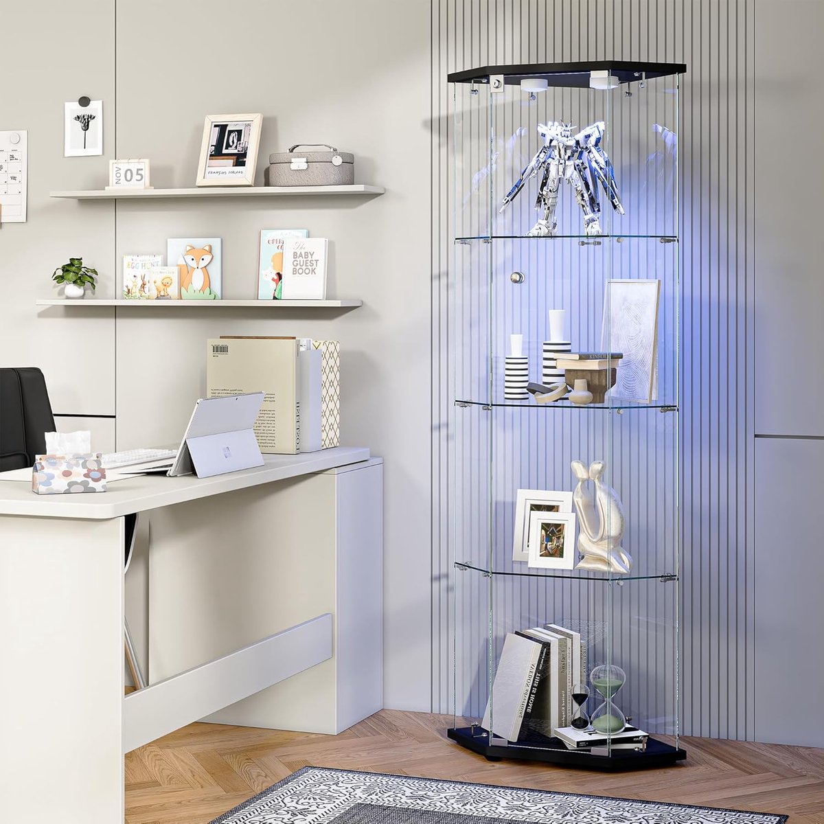 Hoekvitrine Glas - Displaykast Verzameling - Collectie Presentatie - Gehard Glas Met Led - 60x44x163 cm - Zwart