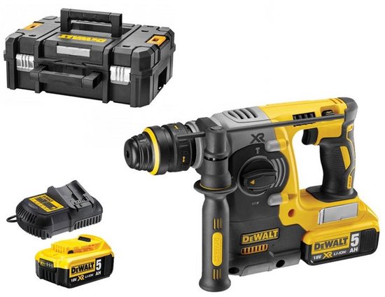 Gele en zwarte DeWalt SDS-plus combihamer met 2 accu's en een zwarte TSTAK koffer.