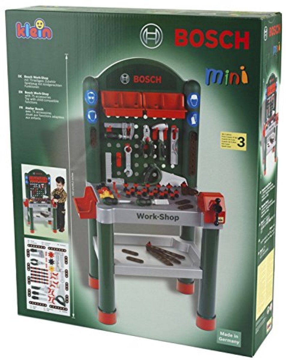 Klein Toys Bosch mini multifunctionele speelgoed werkbank – met 79 accessoires – werkblad met leerfunctie – donkergroen — afbeelding 6