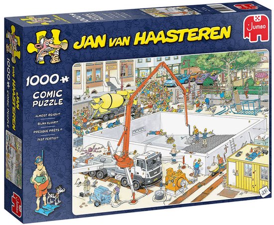 Doos van Jan van Haasteren puzzel "Bijna Klaar?" 1000 stukjes. Een drukke bouwscène met betonmolen, hijskraan en veel bouwvakkers.