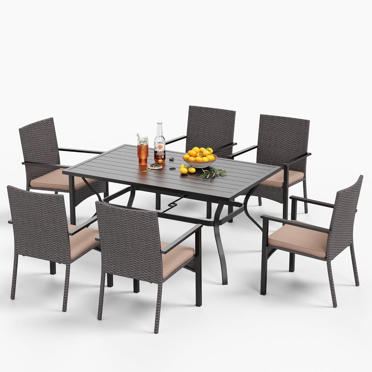 Tuinset 6 Personen 152x96x71 cm – Polyrotan Tuintafel met 6 Stoelen & Verstelbaar Parasolgat – Weerbestendige Dining Set voor Tuin & Terras – Urbanhome