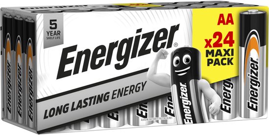 Pack de 24 piles alcalines AA Energizer, indiquant "LONG LASTING ENERGY" et "5 YEAR SHELF LIFE". L'emballage présente une pile dessinée avec des bras.
