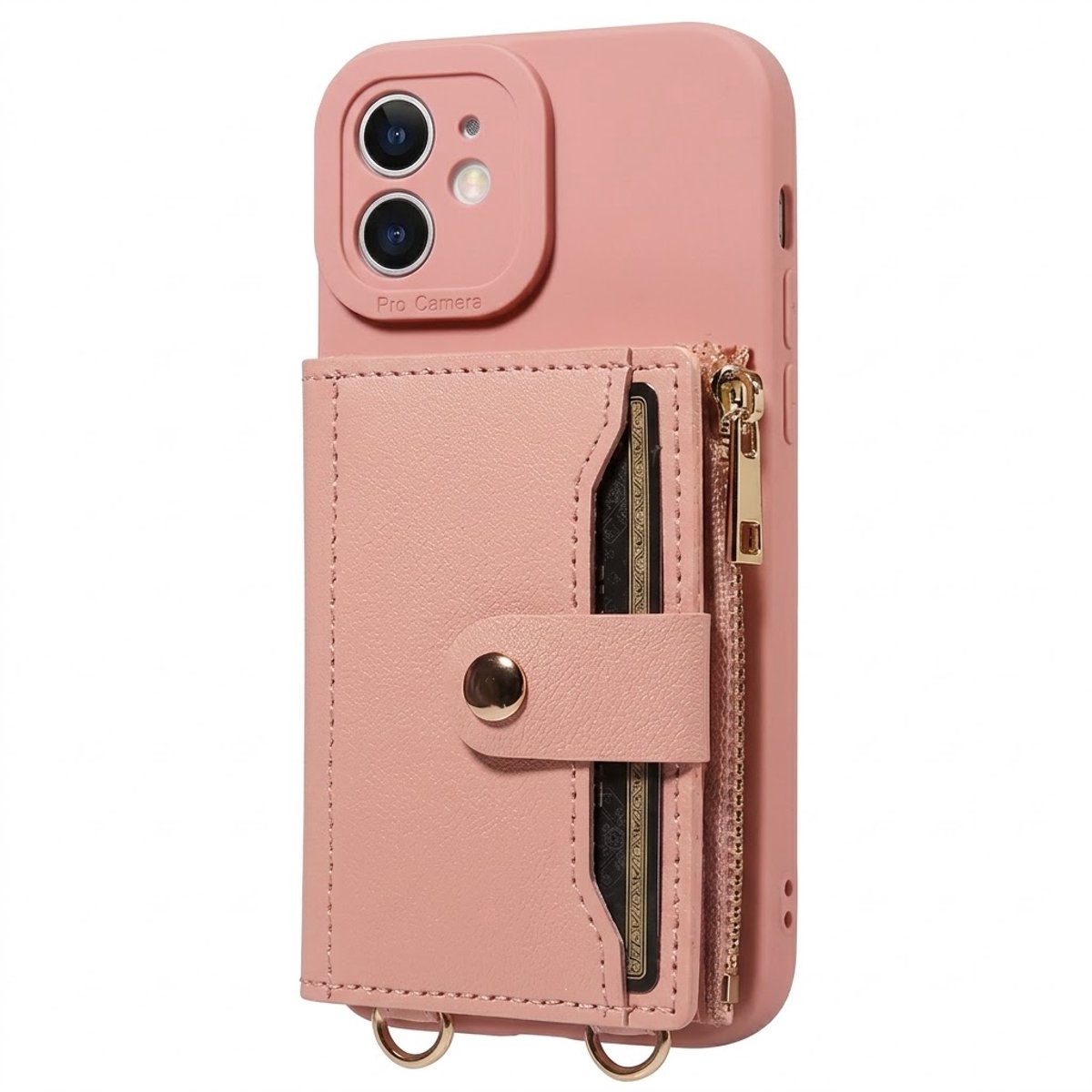 Roze telefoon hoesje met portemonnee en rits geschikt voor iPhone 11 – kunstleer beschermende wallet case voor dames en heren met pasjeshouder, druksluiting, draagkoord bevestiging en standaard functie