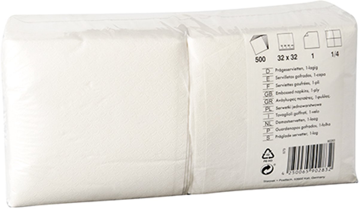 9x 500 Servetten 1-laags 1/4 vouw 32 cm x 32 cm wit