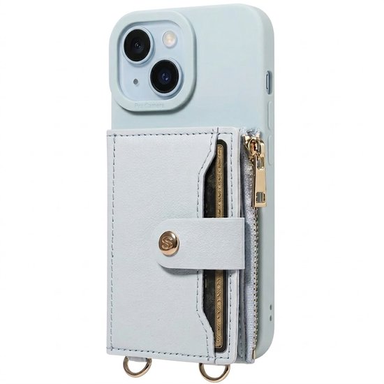 Lichtblauw telefoonhoesje met portemonnee, rits en twee goudkleurige ringen voor bevestiging.