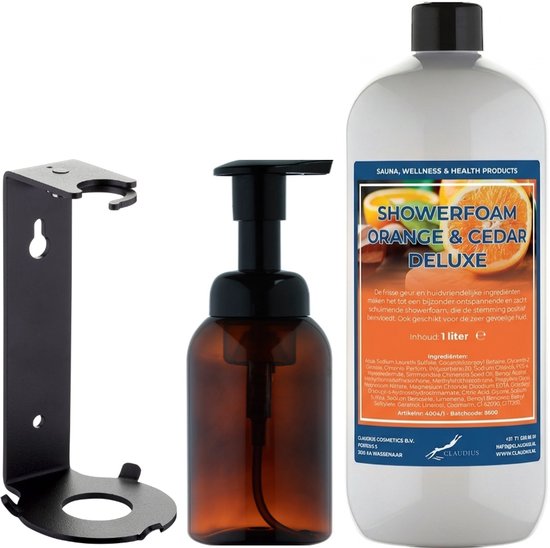 Zwarte muurbeugel, bruine 300ml pompdispenser en 1 liter navulfles Showerfoam Orange & Cedar Deluxe.