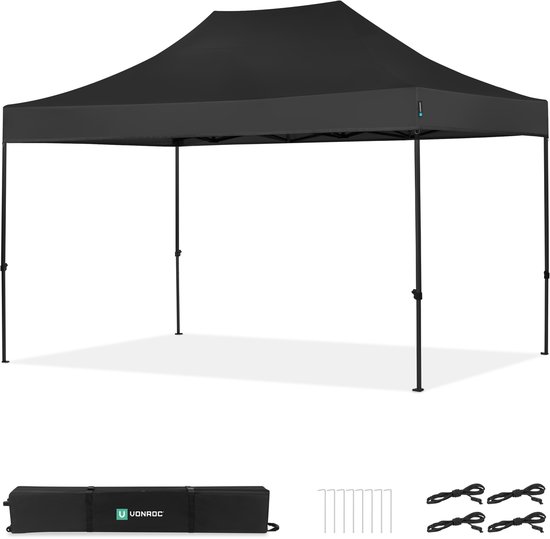 Zwarte VONROC partytent 3x4.5m op een witte achtergrond, met opbergtas, haringen en touwen.