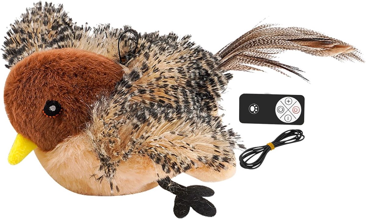 Kattenspeelgoed Vogel - Interactief Pluche Speelgoed - Stimuleert Spelen - Realistische Geluiden Vleugels - 12 x 12 x 10 cm