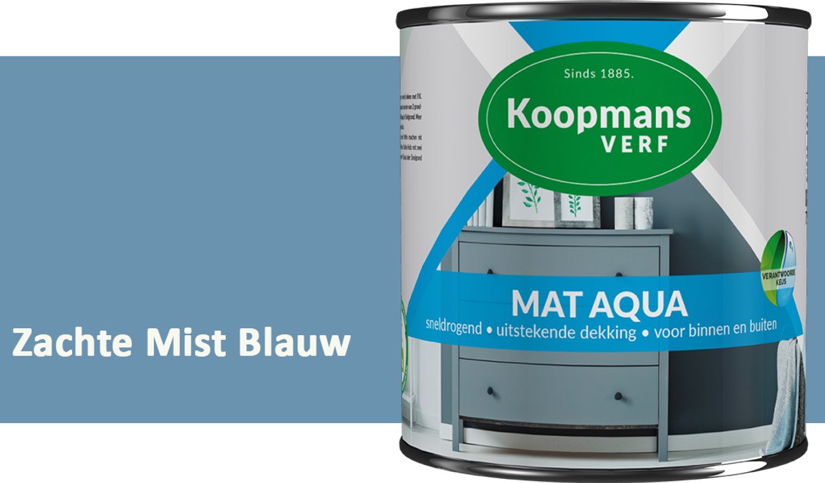 Koopmans Mat Aqua – Matte Lakverf – Streeploze Verf – Voor Deuren, Kozijnen & Meubels – Zachte Mist Blauw – 2,5 l