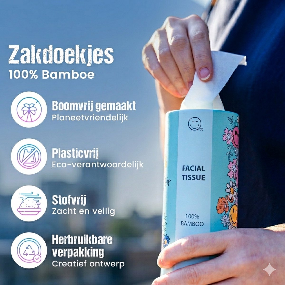 Smiley World® tissues - zakdoekjes – set van 8 assorti cilinders – cilindervormig ontwerp – 100% bamboe – plasticvrij – 3-laags – duurzame tissues in herbruikbare premium kokers – compact formaat voor auto, school, rugzak, thuis en reizen