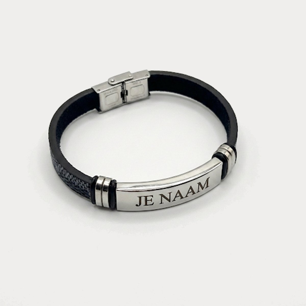 Armband met graveer, Armband met naam, Armband met naamgravure zwart - RVS plaat - 20 cm - gepersonaliseerd, Armband met naamplaatje ,graveerarmband