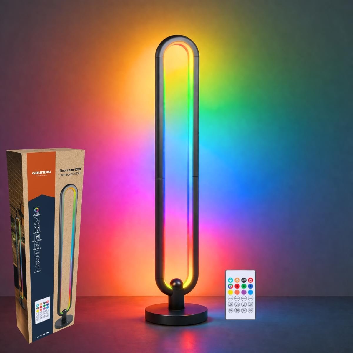 Grundig RGB Vloerlamp 104,5 cm - LED Staande Lamp met Afstandsbediening en Muziekmodus - Sfeerverlichting met Timet tot 4 Uur - Gaming Lamp RGB en Wit Licht