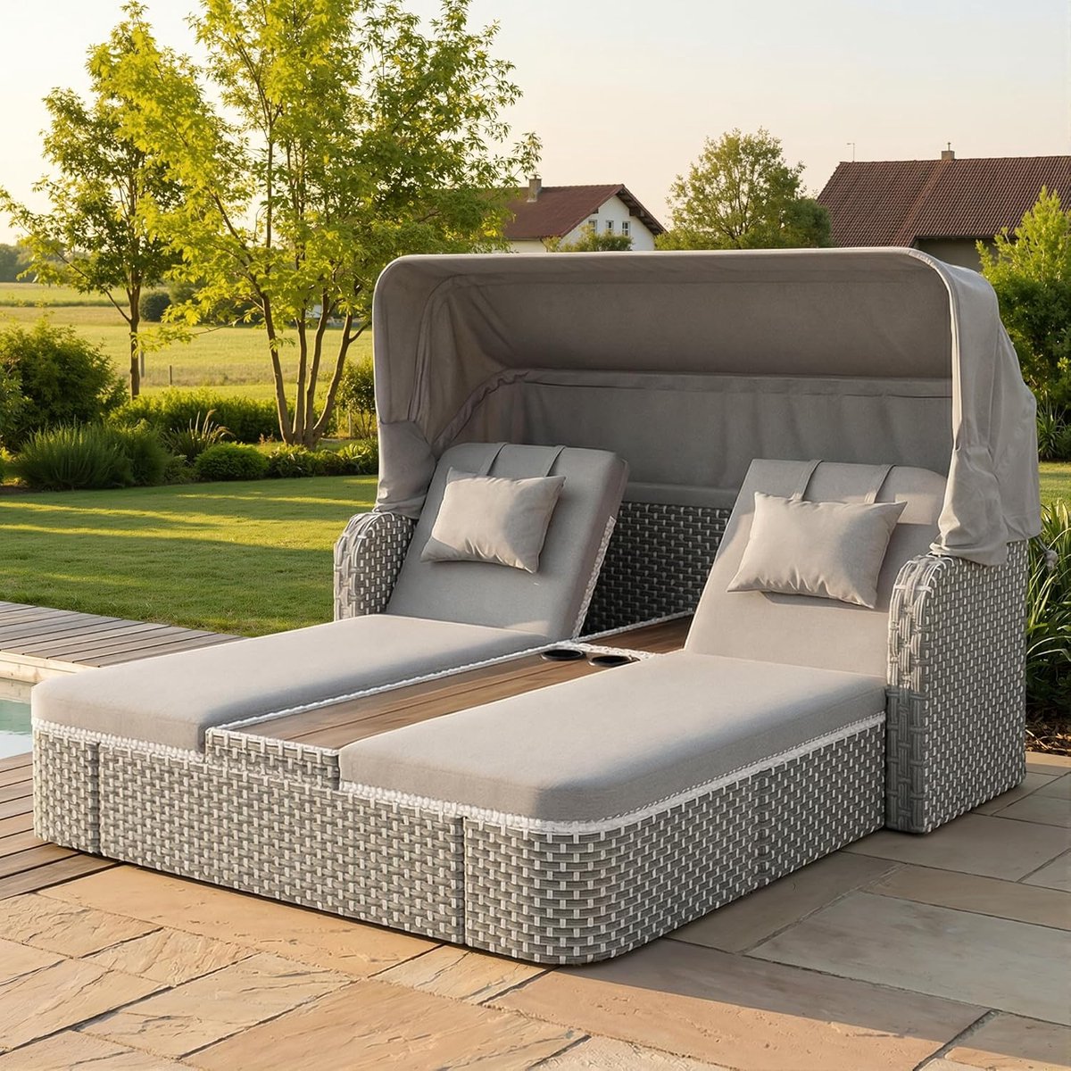 Luxe 2-persoons Rattan Zonne-eiland met Luifel en Verstelbare Ligstoel 192×160×137 cm – Weerbestendig Tuin Loungemeubel met Kussens en Bekerhouders