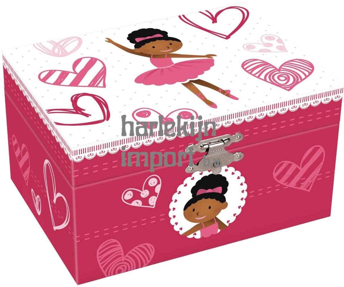 Harlekijn juwelendoos muziekdoos meisje met hartjes ballerina roze.