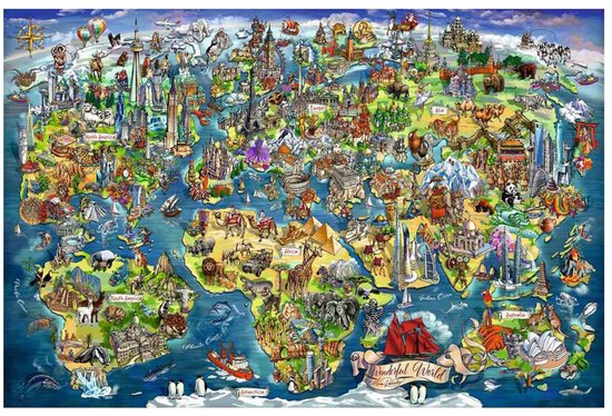 Ravensburger puzzel van 5000 stukjes met een kleurrijke wereldkaart vol met herkenbare gebouwen en dieren.