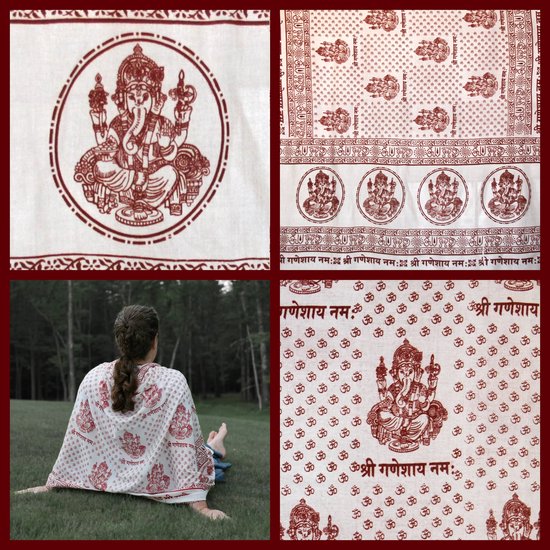 Meditatie omslagdoek met mantra Ganesh, XL, 220 x 106 cm, wit — afbeelding 4