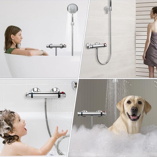 Collage van gebruiksscenario's: douchekraan in gebruik door een vrouw, kind en hond, en in een badkameromgeving.
