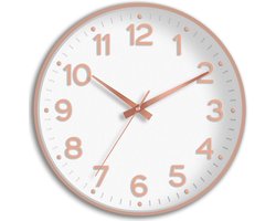 Daity Wandklok, stille wandklok, moderne, tikvrije analoge klok, geschikt voor de inrichting van keuken, kantoor, badkamer en slaapkamer (wit en roségoud).