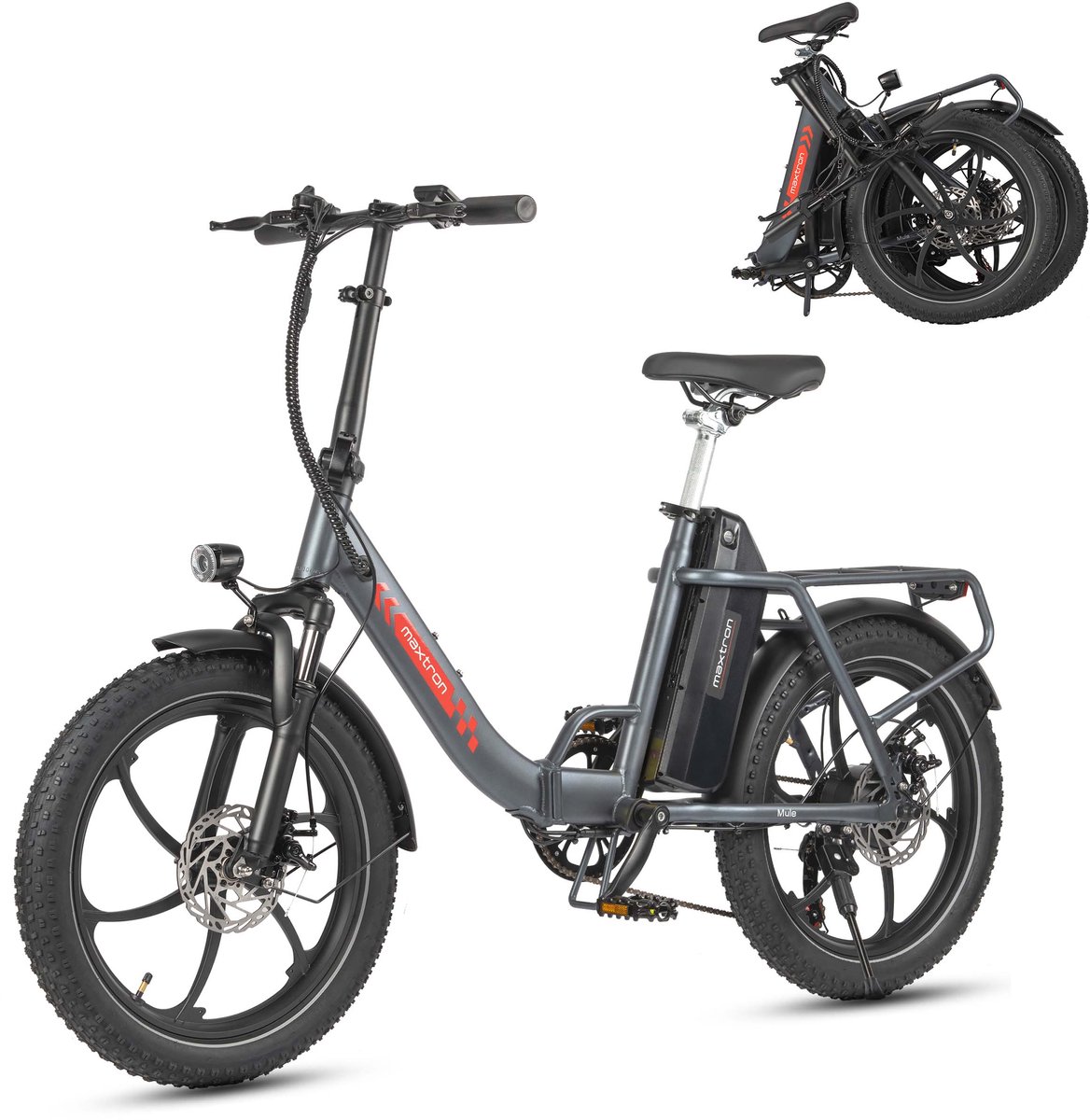 Maxtron MULE Elektrische Fiets – Opvouwbare E-bike – 20×3.0 Inch Banden – 48V 20Ah Accu – Actieradius tot 70 km – Mechanische Schijfremmen – Stadsfiets – Max. Belastbaar 120 kg –Grijs