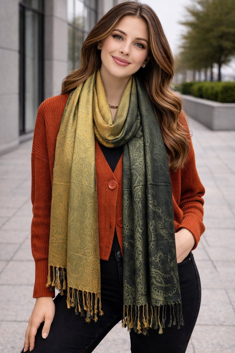 Pashmina Sjaal Dames – Luxe Paisley Sjaal – Zachte Warme Omslagdoek – Elegante Dames Sjaal met Franjes – Fijn geweven trendy Sjaal- Tweezijdige omslagdoek – Verkrijgbaar in Verschillende Kleuren 212/12- Goud met zwart details