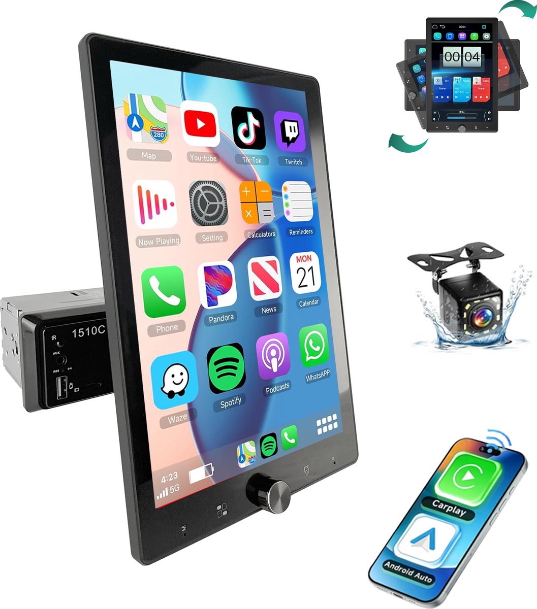 ESSGOO 1Din Autoradio - Apple Carplay & Android Auto - 10.4 inch HD verstelbaar scherm - USB, Aux, Bluetooth - 12 LEDs Achteruitrijcamera