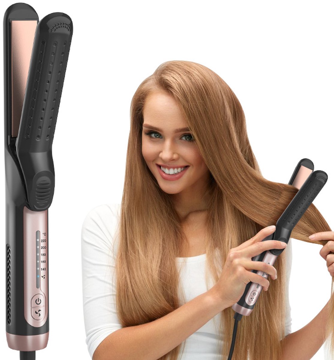 Koude Lucht Haarstyler - 2-in-1 Gladstrijker & Krultang - 140-220°C 5 Standen - PTC Verwarming - 360° Draaibare Kabel - Voor Alle Haartypes