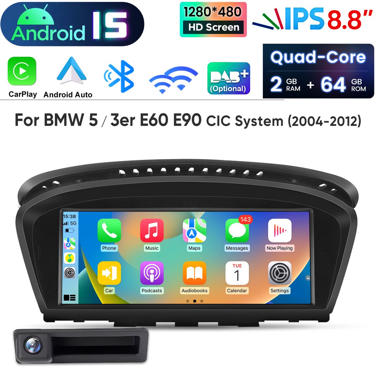 Junsun autoradio Geschikt voor BMW E60 E61 E90 E91 CIC Systeem Accessoires - Android 15 - 8,8 '' - Achteruitrijcamera - Draadloze CarPlay & Andriod Auto, DAB+, GPS-navigatiesysteem, Bluetooth, SWC, WiFi, DSP, FM , 2GB + 64GB, Quad-core processor